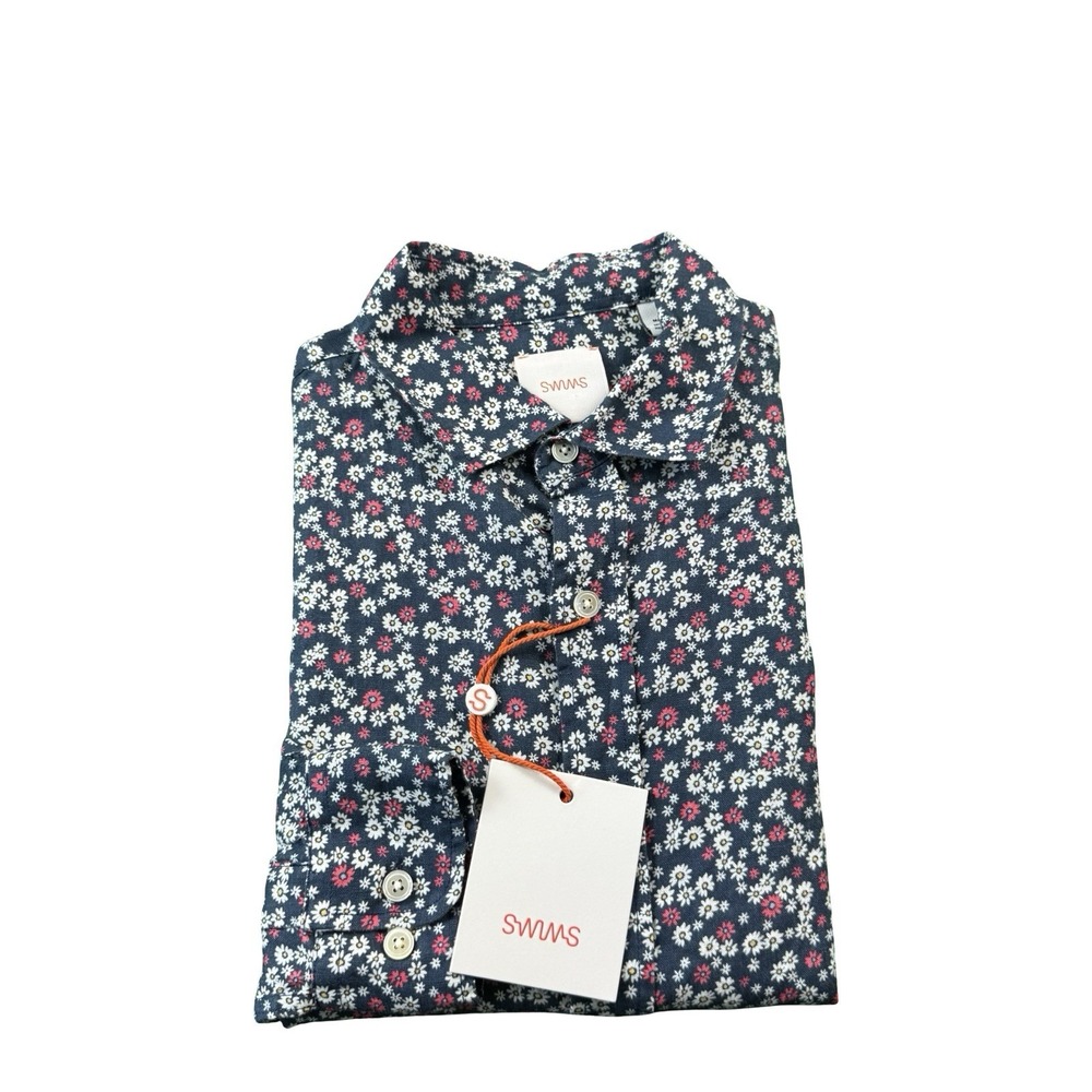 SWIMS Pure Linen Blue Pink White Floral L/S Mens Button Front Size Small NWT